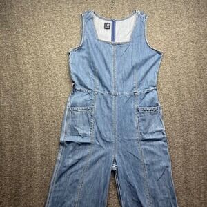 Gap Jumpsuit Womens 16 Blue Denim Wide Leg Square Neck Cotton Linen Blend 574094